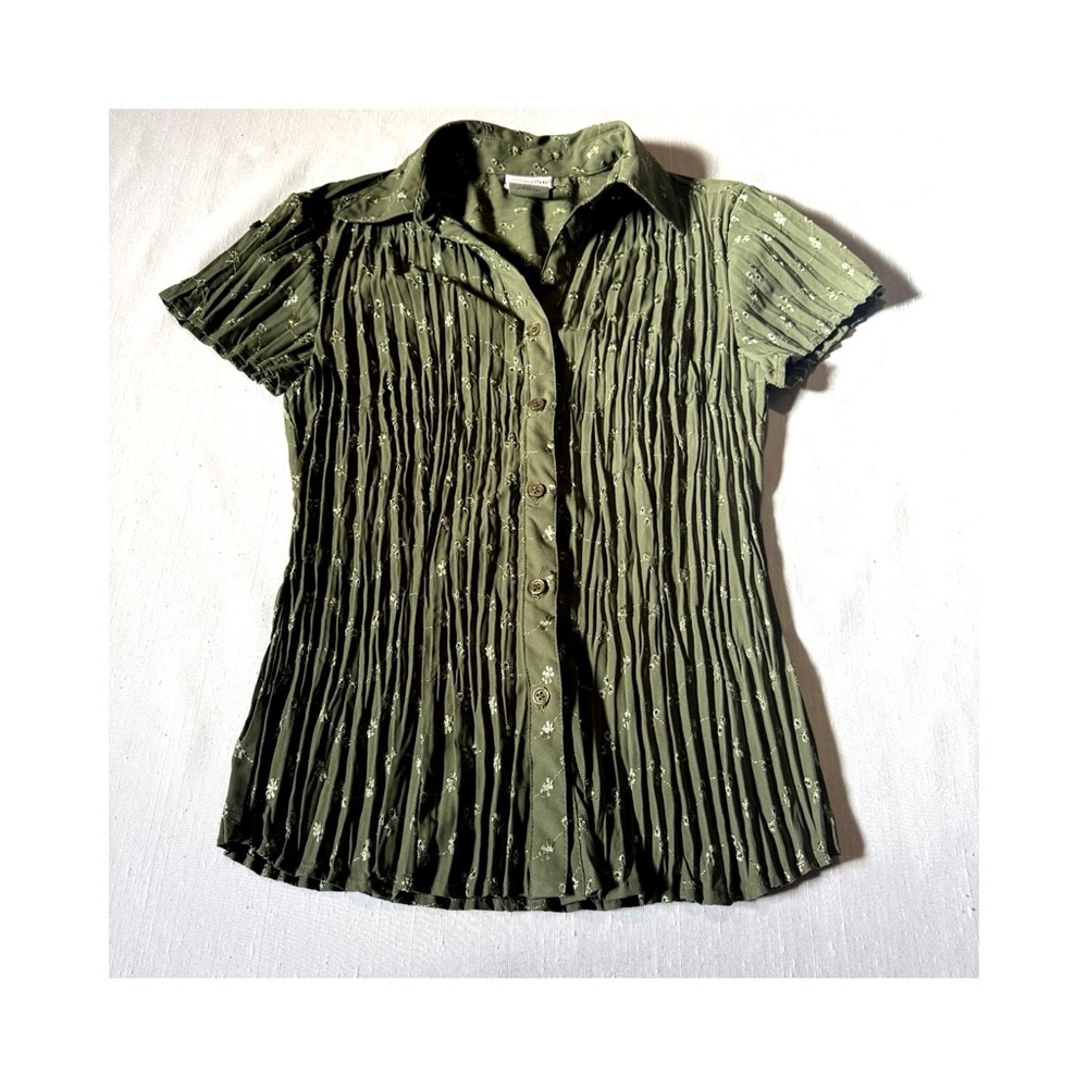 East 5th Olive Green Pleated Floral Blouse Size Small